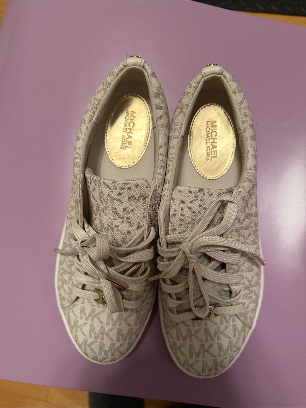 Michael Kors Taupe MK Monogram Lace-Up Sneakers - Women's size 7,5